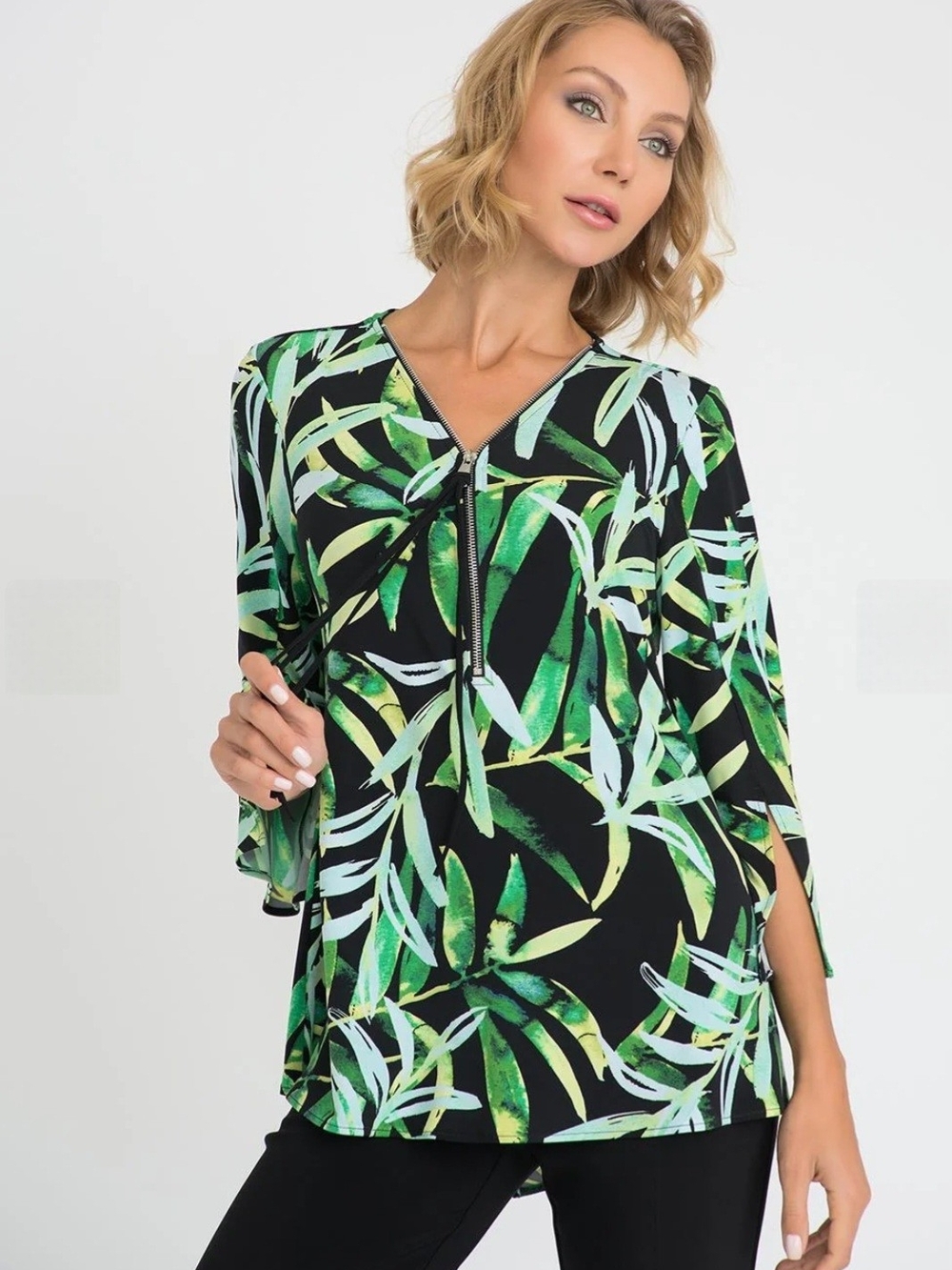 Joseph Ribkoff Black and Green Tropical-Print Top With Front Zipper